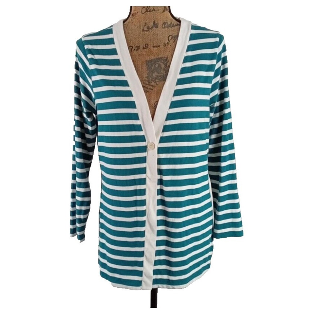 COLDWATER CREEK Cardigan Sweater Size M‎ 10-12 Teal Green White Stripe Button